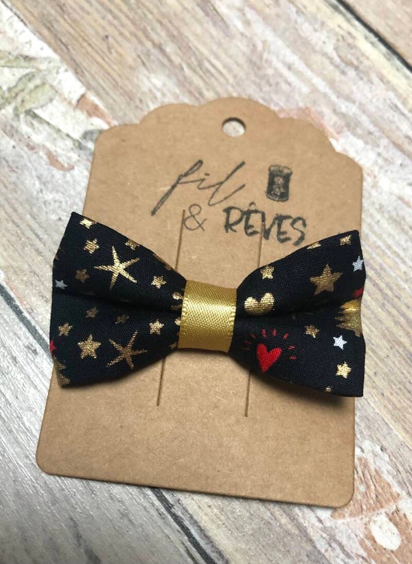 Barette en tissu Noël imprimé cœurs étoiles noir