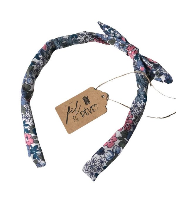 Serre-tête en tissu imprimé fleuri tons rose bleu