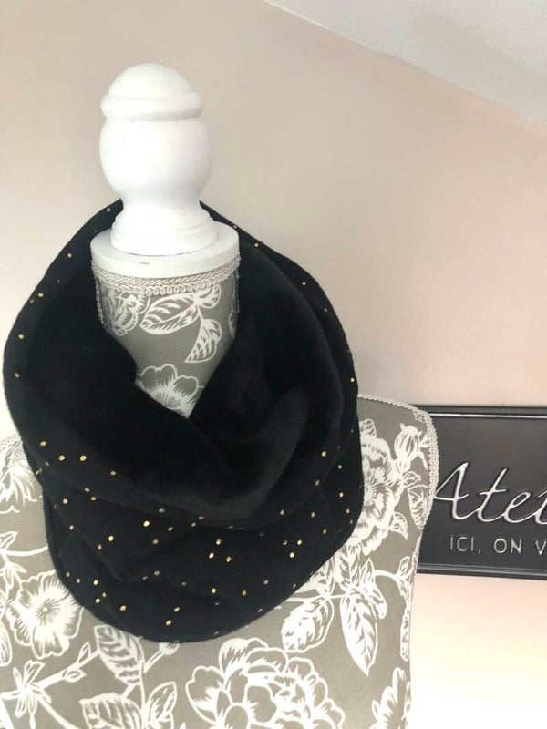 Snood double gaze pois doré doublure noire