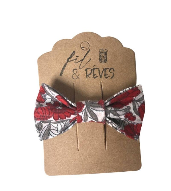 Barette en tissu tons gris/rouge