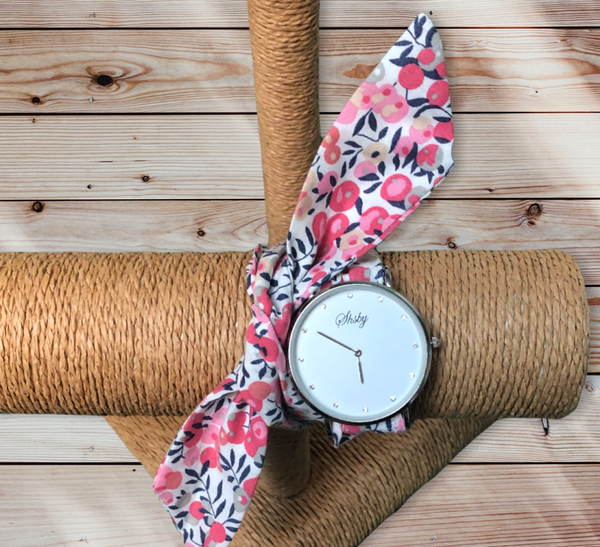 Montre à nouer tons gris/rose