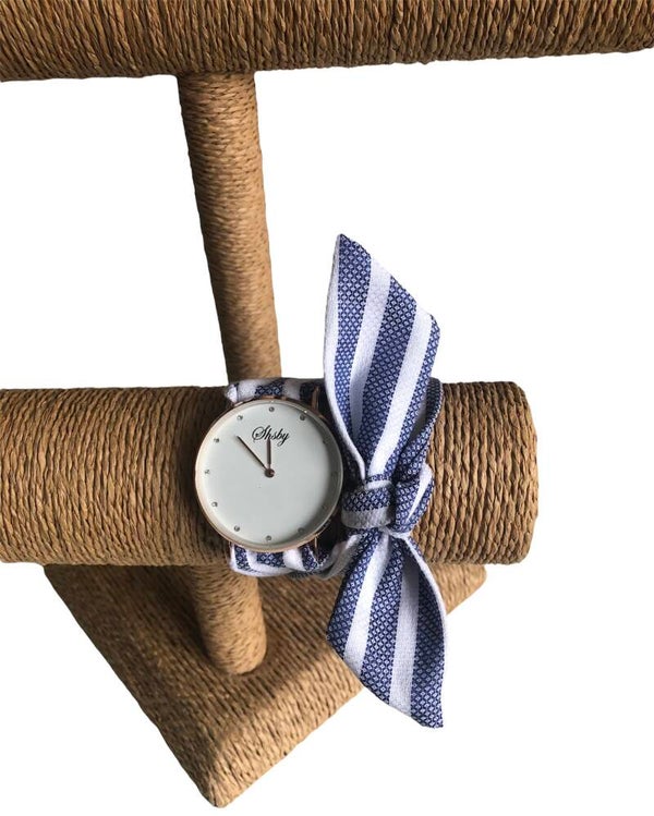 Montre à nouer imprimé rayé bleu et blanc