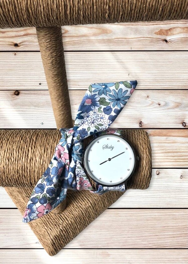 Montre à nouer tons fleuris rose/bleu