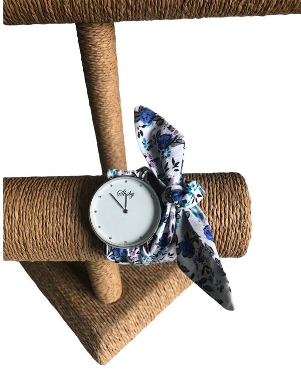 Montre à nouer imprimé fleuri bleu roi