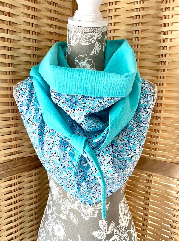 Chèche femme en coton imprimé fleuri turquoise