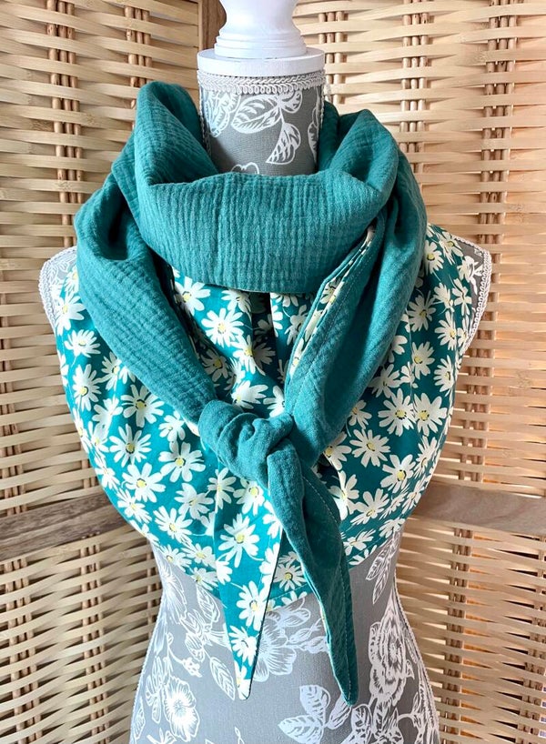 Chèche femme en coton imprimé marguerite vert doublure vert