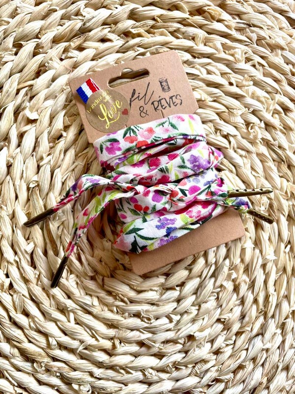 Lacets en coton fleuri tons rose vert lilas