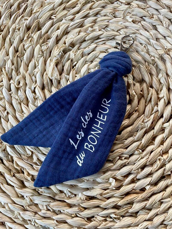 Porte-clé double gaze de coton “Les clés du bonheur" bleu