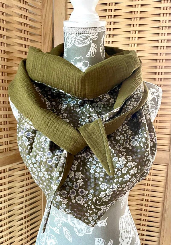 Chèche femme en coton imprimé fleuri kaki doublure kaki