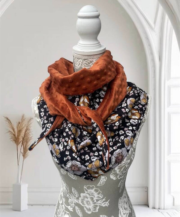 Chèche hiver femme en coton tons noir camel doublure minky