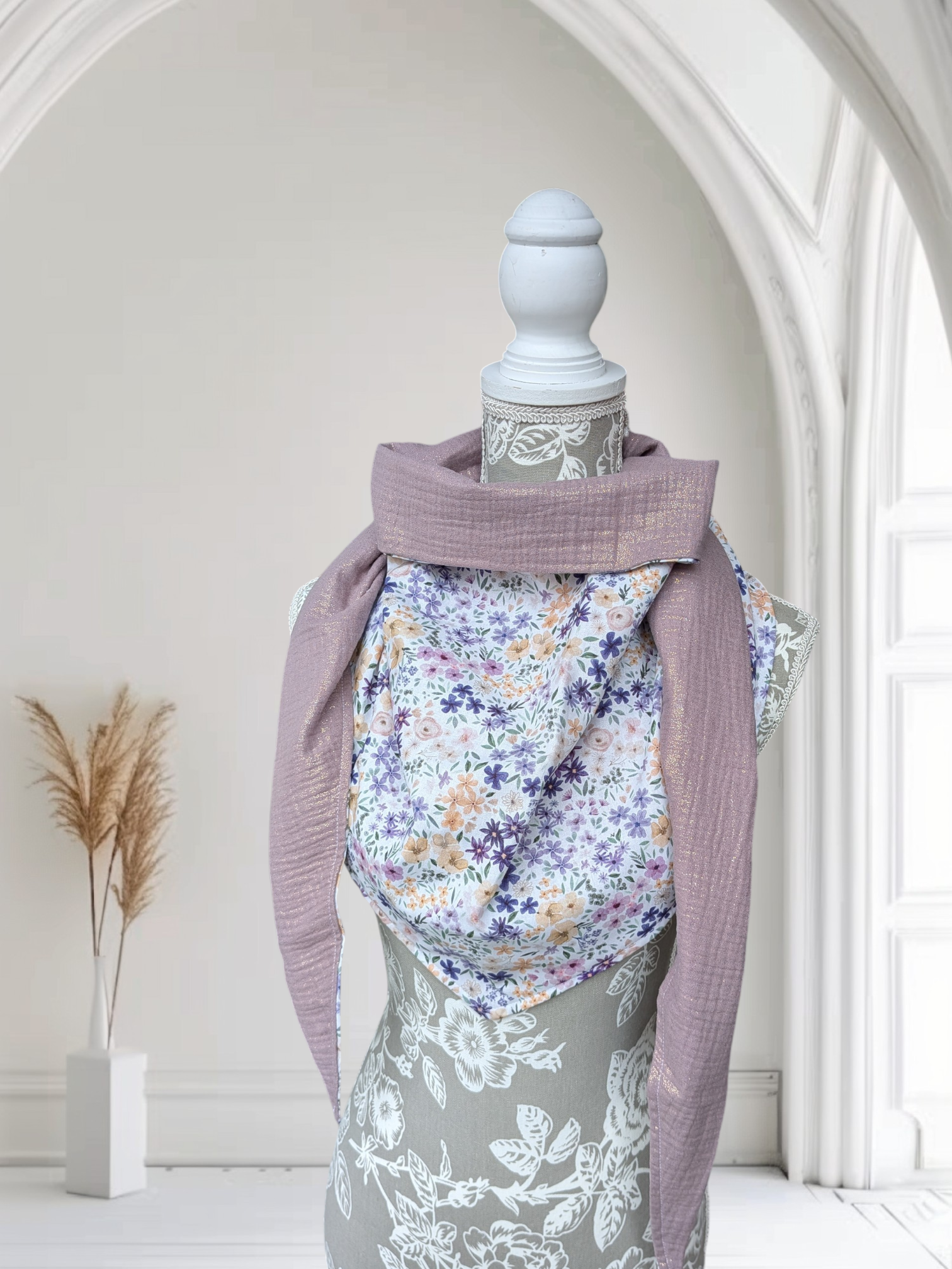 Chèche femme en coton fleuri doublure lilas pailleté