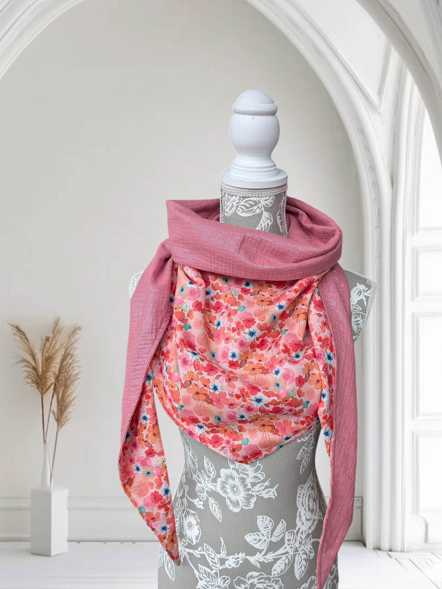 Chèche femme en coton fleuri doublure rose pailleté