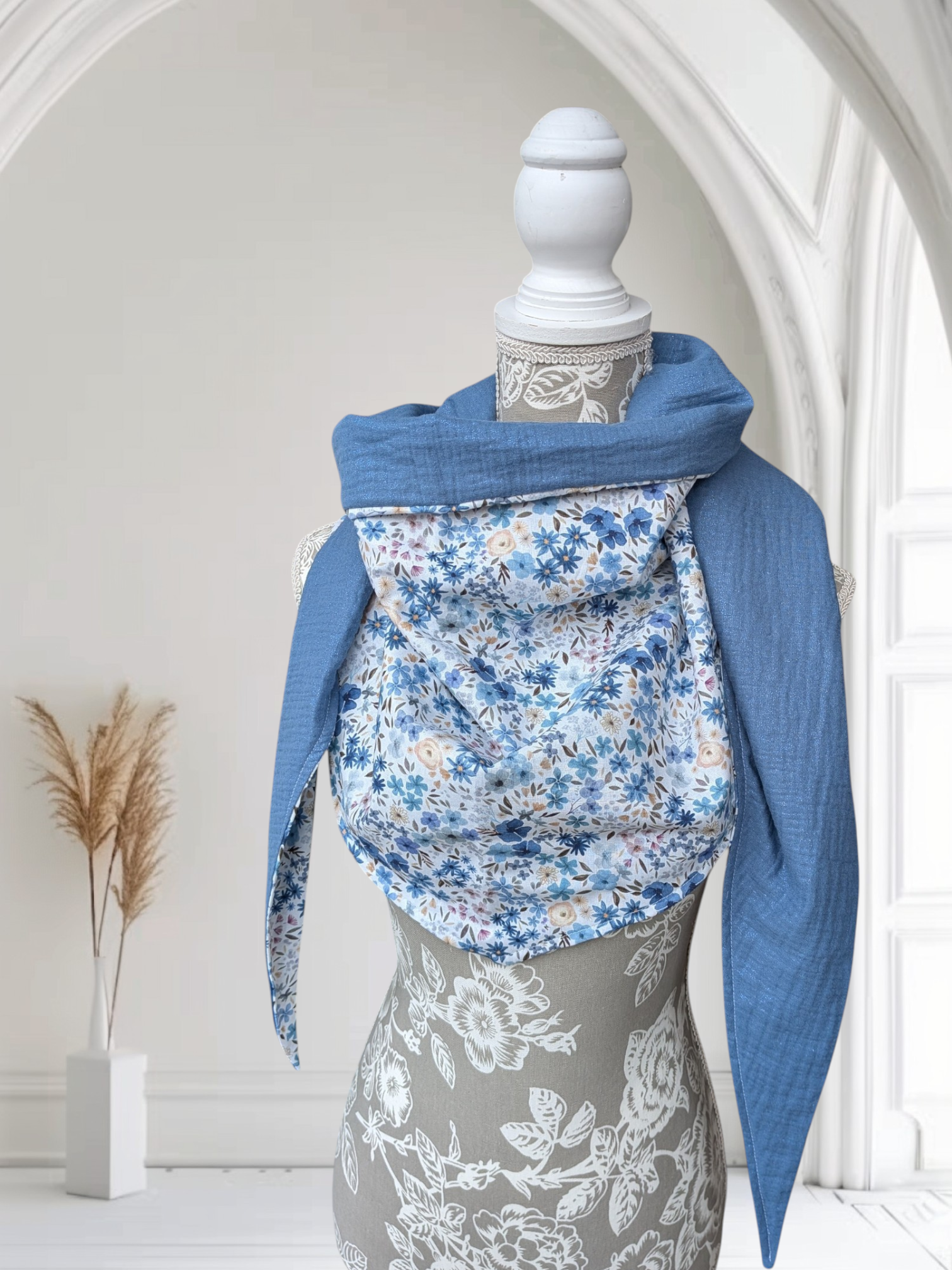 Chèche femme en coton petites fleurs doublure bleu pailleté