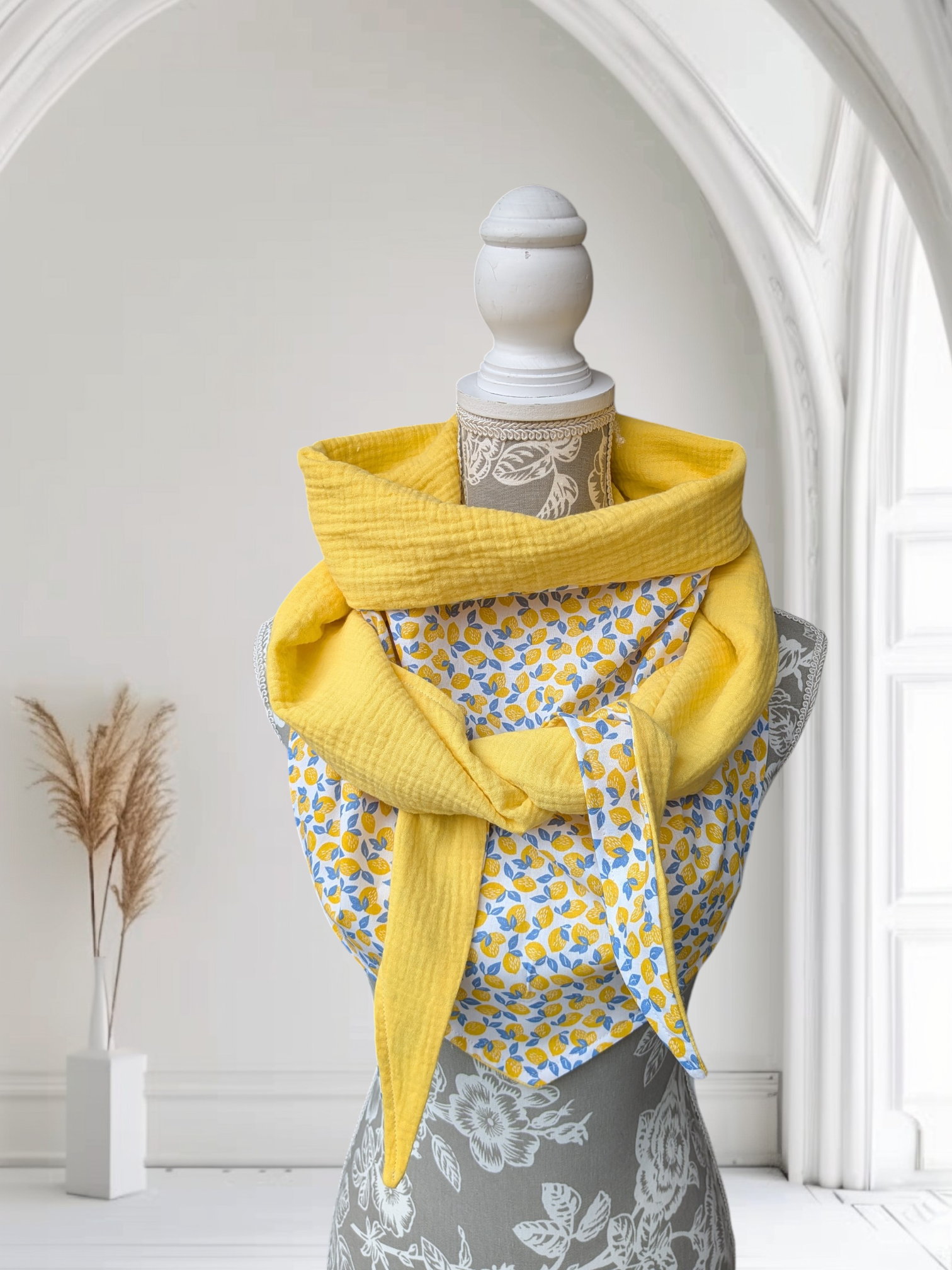 Chèche femme en coton citron doublure jaune