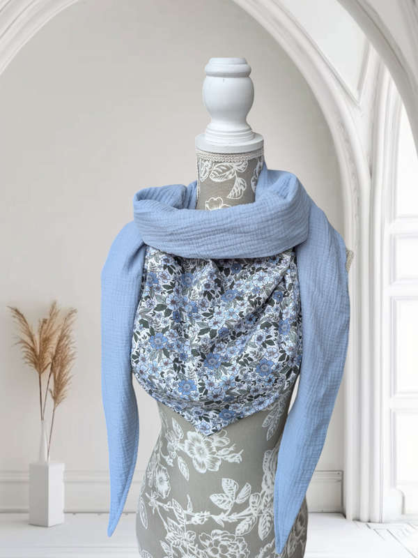 Chèche femme en coton petites fleurs doublure bleu ciel (réservé Mary)