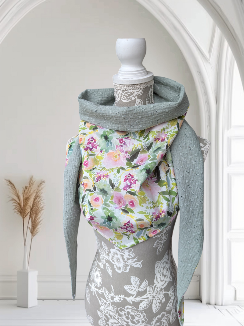 Chèche femme en coton fleurs roses doublure brodée vert d'eau