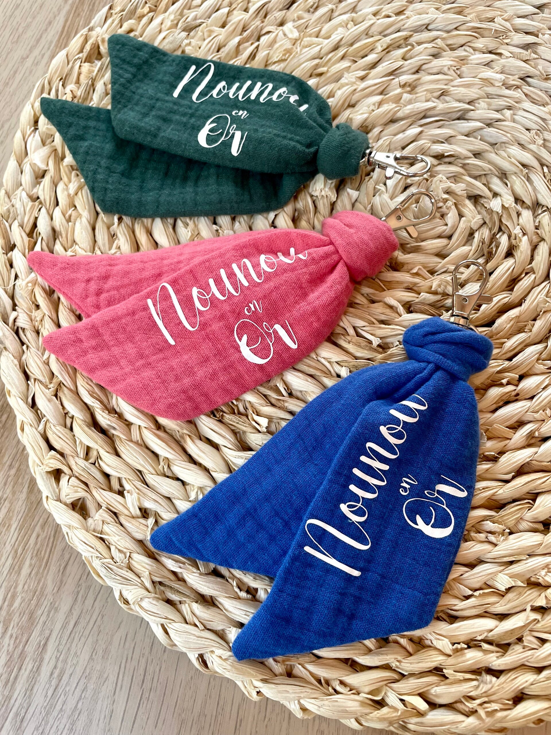 Porte-clé double gaze de coton "Nounou en or"