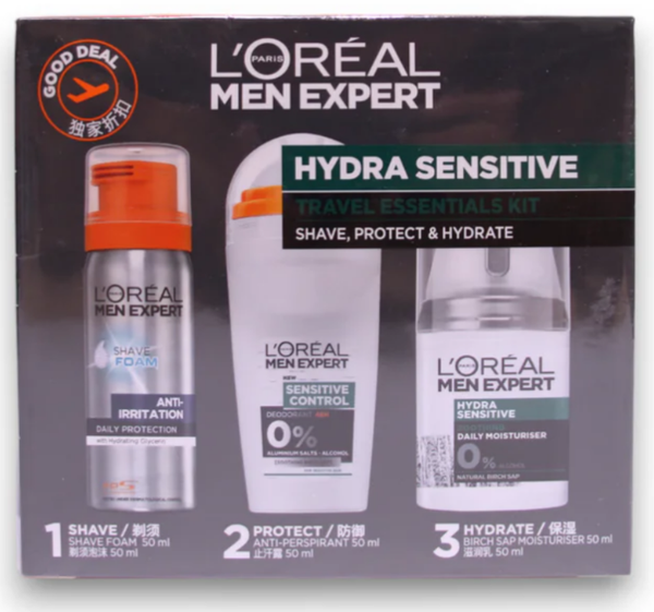 L'Oreal Paris Travel Set: Alcohol-Free Hydrating & Regenerating Day & Night Cream for Men Expert 50 ml + Alcohol-free anti-sweat deodorant for men Expert 50 ml + Glycerin against irritation Expert Shaving foam 50 ml