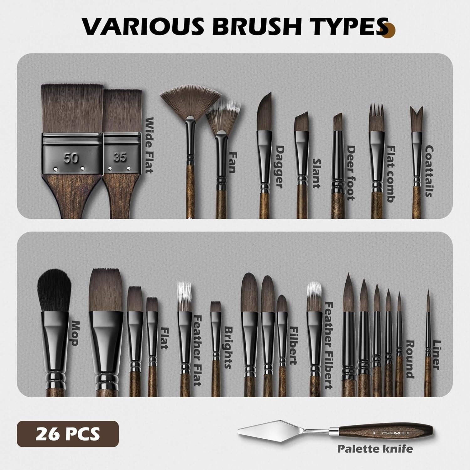 Fuumuui 26pcs Professional Paint Brush Set - High-Grade Series Synthetic Nylon Paint Brushes for Landscape, Acrylic, Oil, Watercolor, Gouache