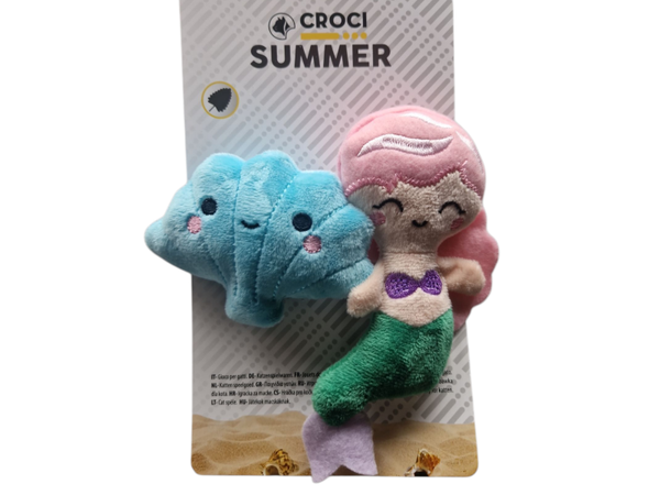 Kattenspeelgoed 2 stuks zeemeermin en schelp 10cm
