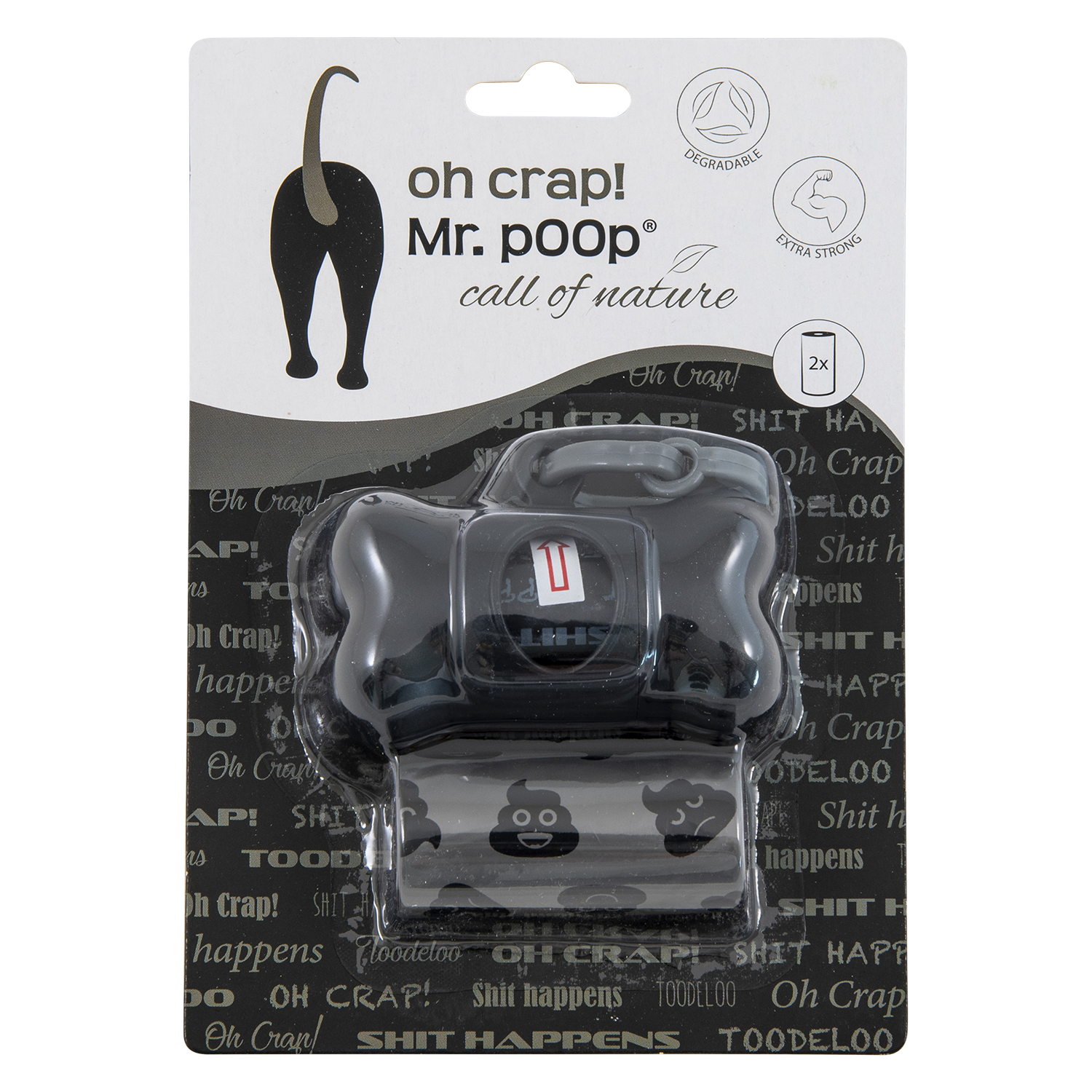 Mr.POOP OH CRAP! Houder zwart+2 Rolletjes-Grijs/zwart motief