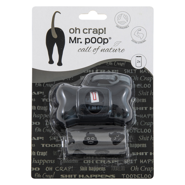 Mr.POOP OH CRAP! Houder zwart+2 Rolletjes-Grijs/zwart motief