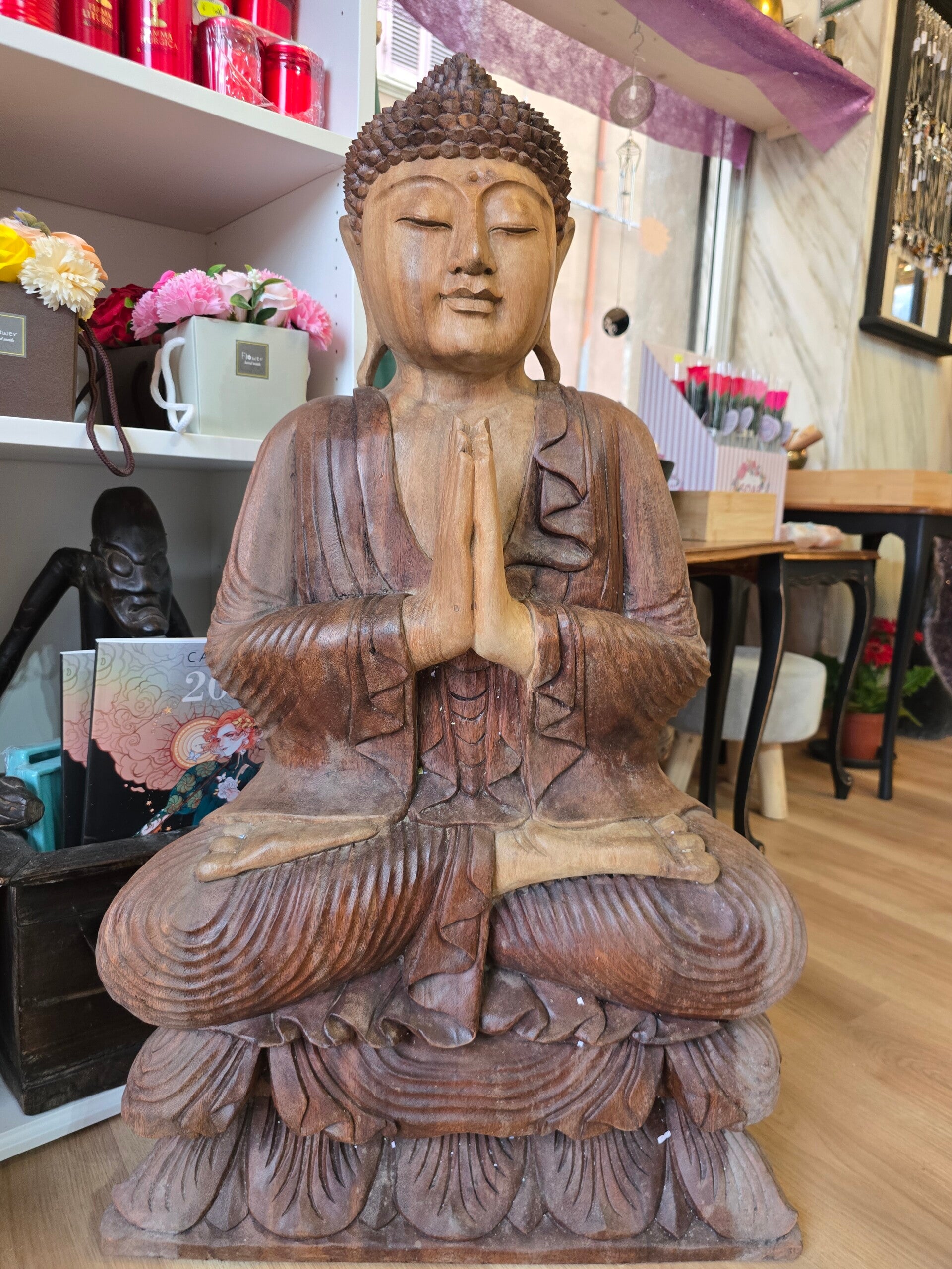 Statua Bhudda legno di Suar intagliato a mano