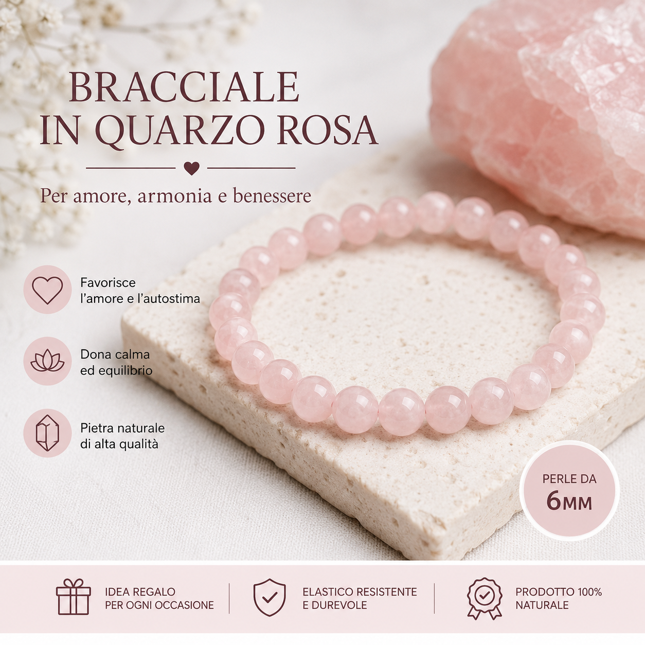 Bracciale Quarzo rosa 6mm