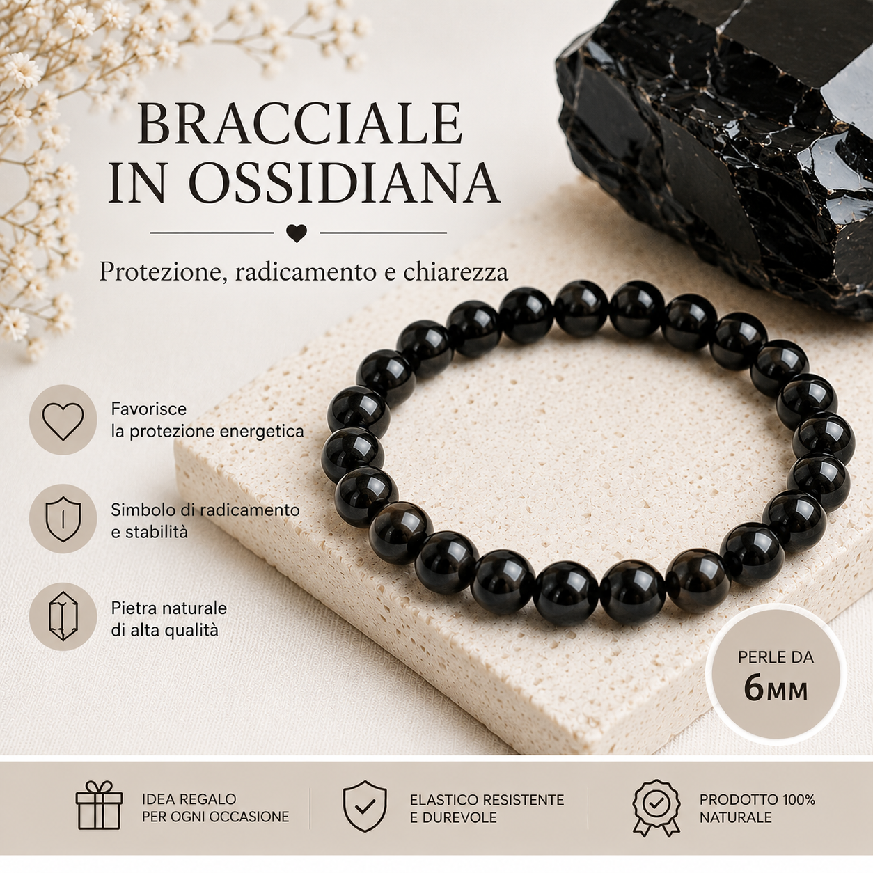 Bracciale in ossidiana da 6mm