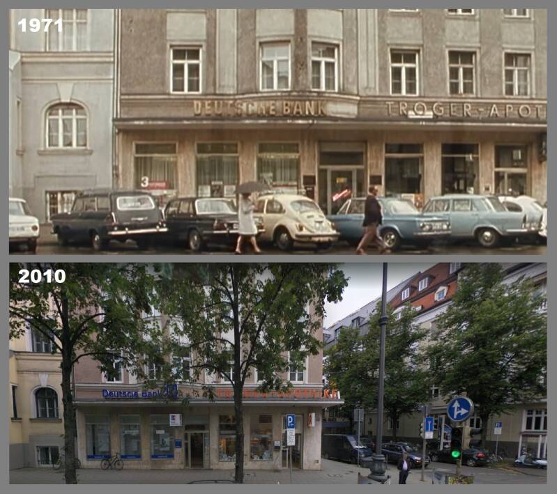 Foto: Deutsche Bank aan de Prinzregentenstraße nr. 70 in de wijk Steinhausen in München (boven 1971) - (onder 2008)