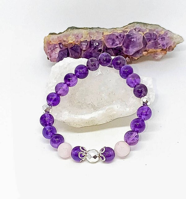 Bracelet "Belle harmonie" : Améthyste rubanée, Quartz rose et Hématite 8mm