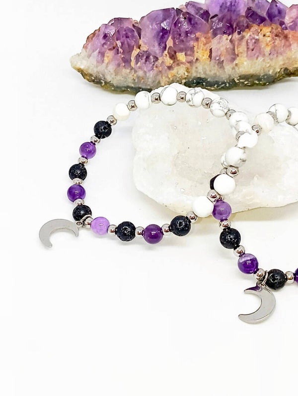 Bracelet "Salem" : Améthyste, Howlite blanche et Pierre de lave 6mm