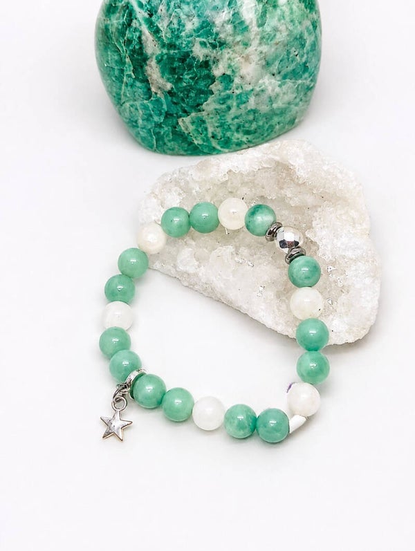 Bracelet "Banquise" : Amazonite du Pérou, Jade blanc et Hématite 8mm