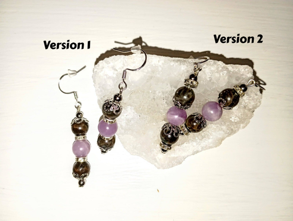 Boucles d'Oreilles "Guenièvre" : Lépidolite et Labradorite chocolat