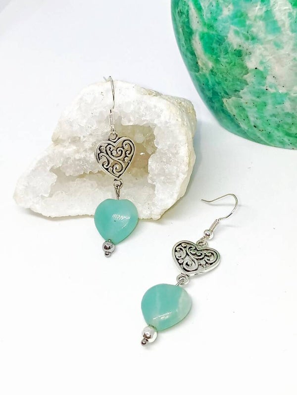 Boucles d'oreilles : Cœur en Amazonite du Pérou