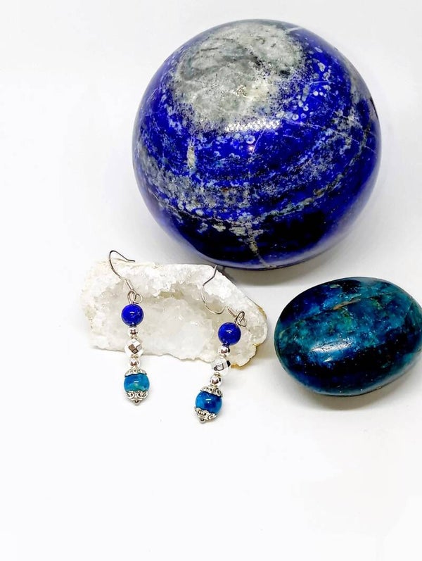 Boucles d'Oreilles "Atlantide" : Lapis-Lazuli, Apatite bleue et Hématite