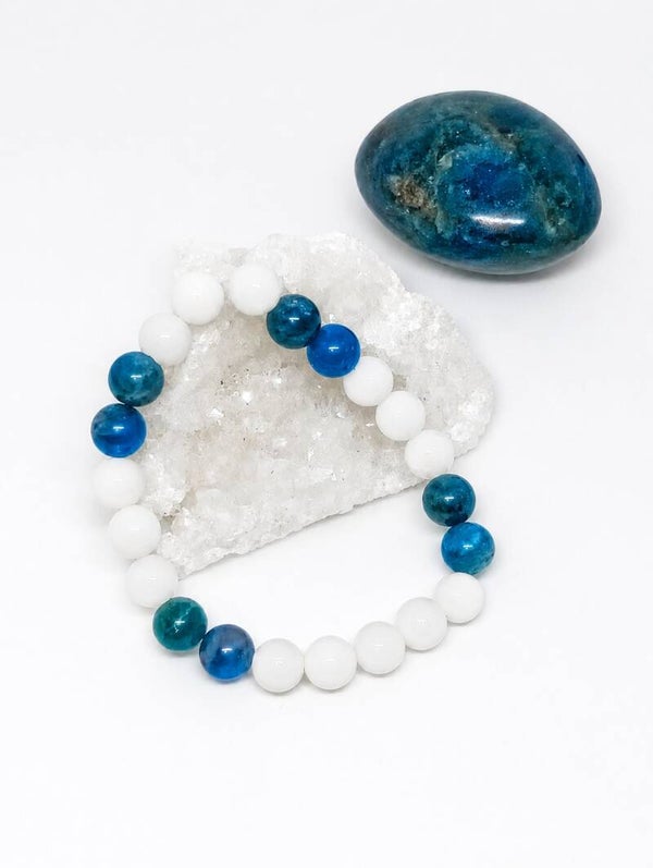Bracelet "Antartic" : Jade blanc et Apatite bleue 8mm