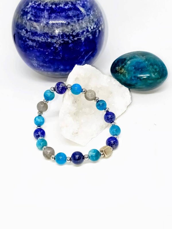 Bracelet "Point break" : Labradorite, Apatite bleue, Lapis-Lazuli et Hématite 8mm