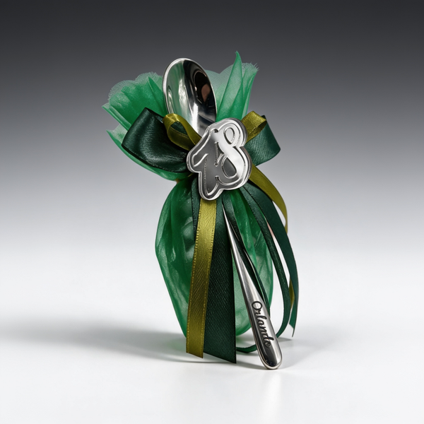 Cucchiaino Inciso con Sacchetto confetti e "Charm" in Plexiglass Argento