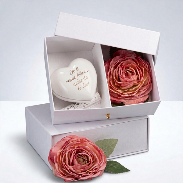 Cuore in Ceramica Capodimonte con Fiore e Scatola