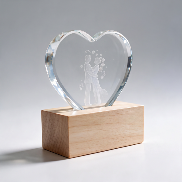 Cuore in Vetro Luminoso con Base in Legno personalizzabile