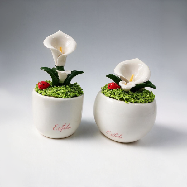 Bomboniera Piantina in Ceramica "Calla" con Coccinella Portafortuna