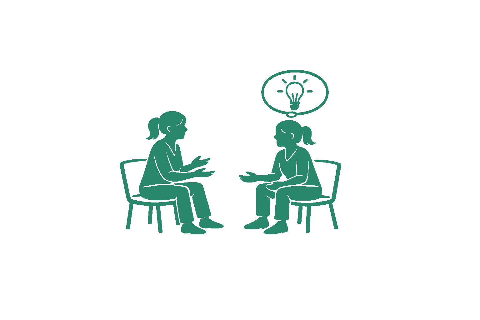 .Stilisierte Darstellung in Art eines Comics: Coaching- 2 Personen gegenübersitzend, eine Person mit Gedankenblase mit Glühbirne darin.
