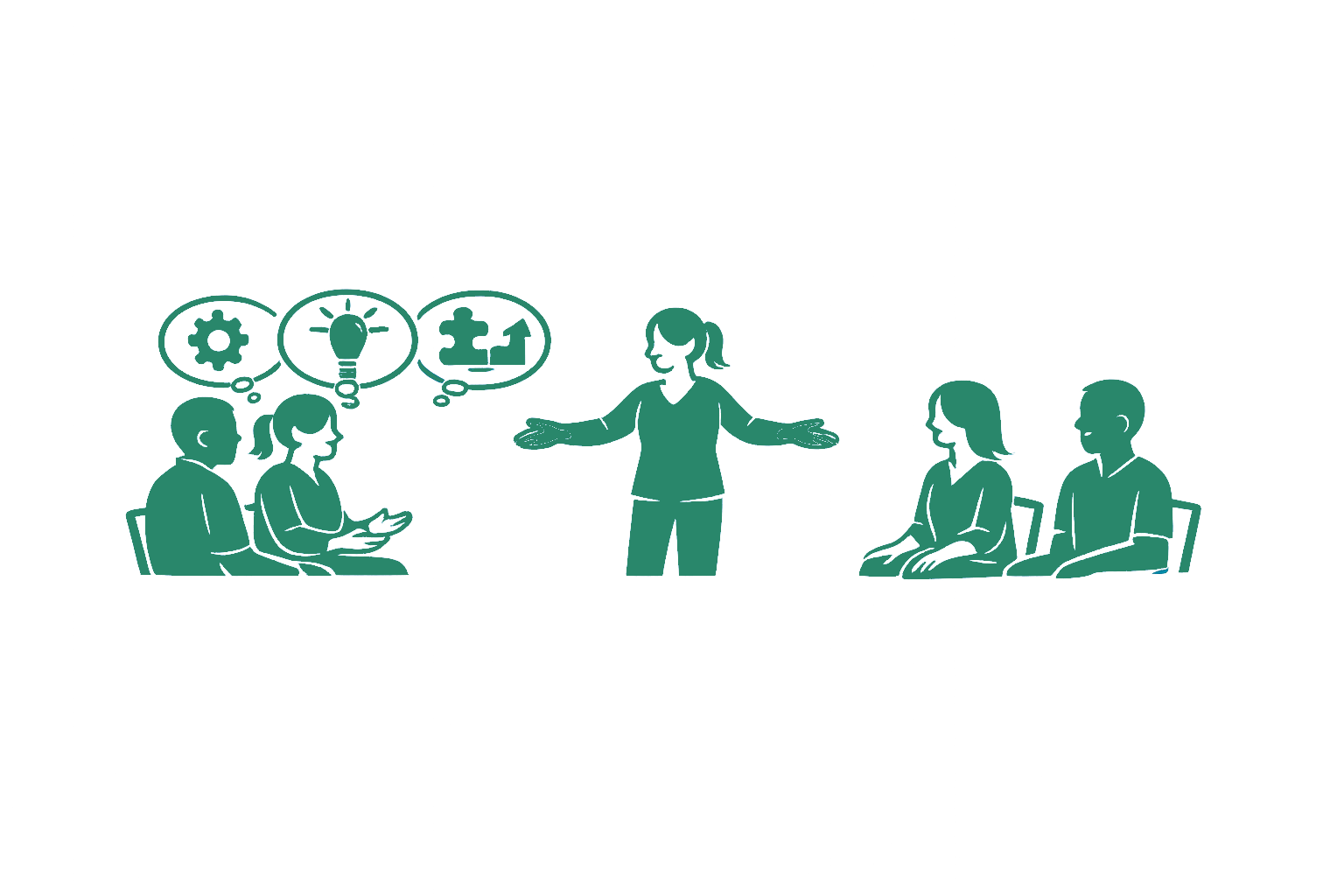 Stilisierte Darstellung eines Teams, in der Mitte eine Person in der Rolle der supervidierenden Person. Die Teammitglieder Links entwickeln Gedankenblasen mit Symbolen wie Zahnrad, Glühbirne, Pfeil nach oben und Puzzelteil. 2 weitere Personen rechts.