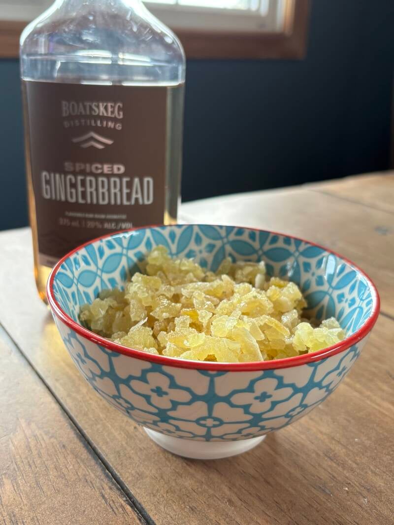 Candied ginger soaking in Spiced Gingerbread Boatskeg rum