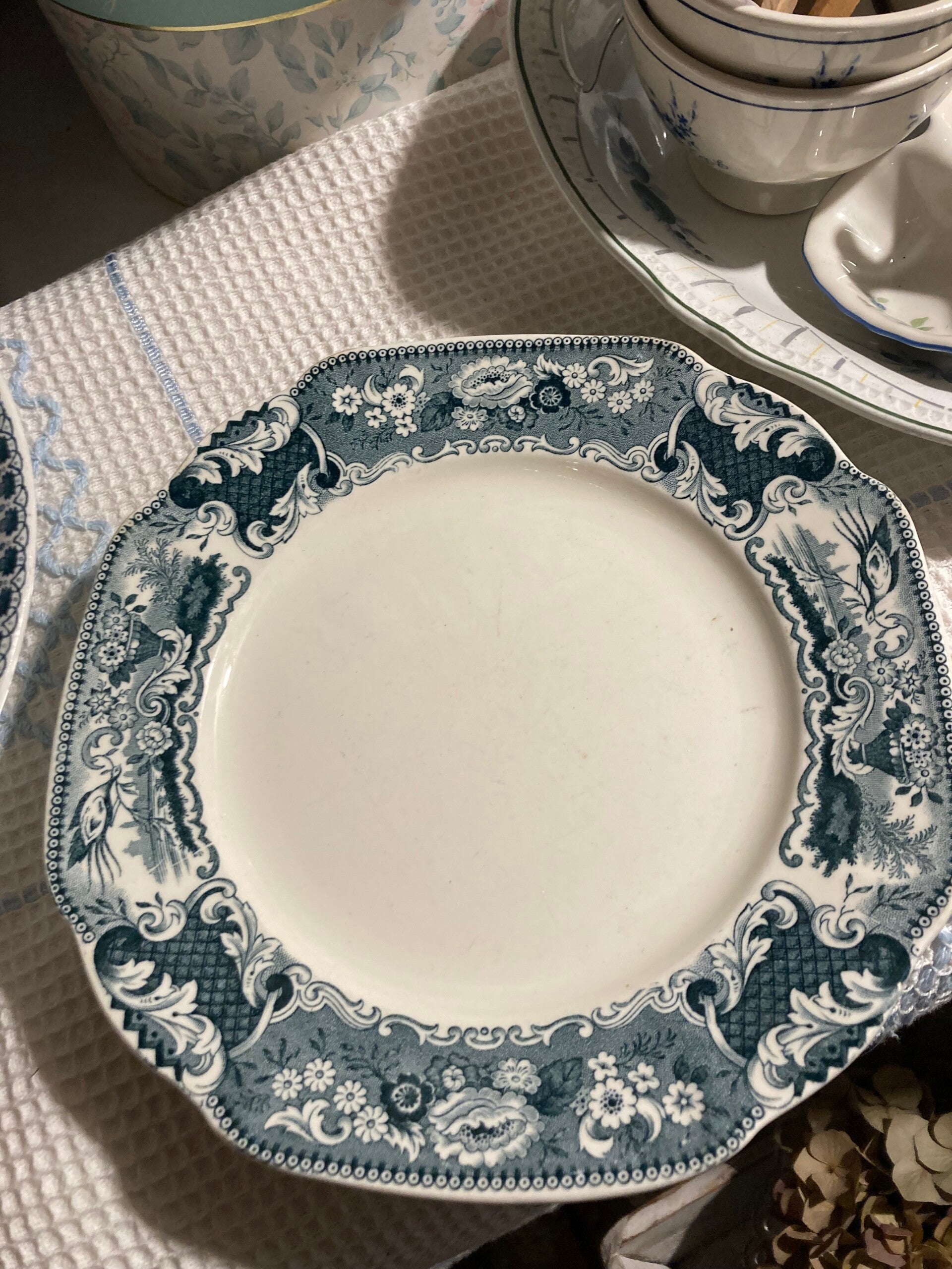 3 ontbijtbordjes met oudgroen/ blauw