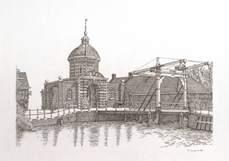 Morspoort Leiden (gebaseerd op de foto: Morspoort en Morspoortbrug van Erik Zachte, source Wikipedia, CC BY-SA 3.3). Deze tekening valt ook onder CC BY-SA 3.0