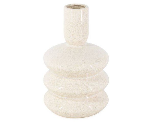 Vaas in schijfvorm aardewerk kleur beige wit hoog 26 cm