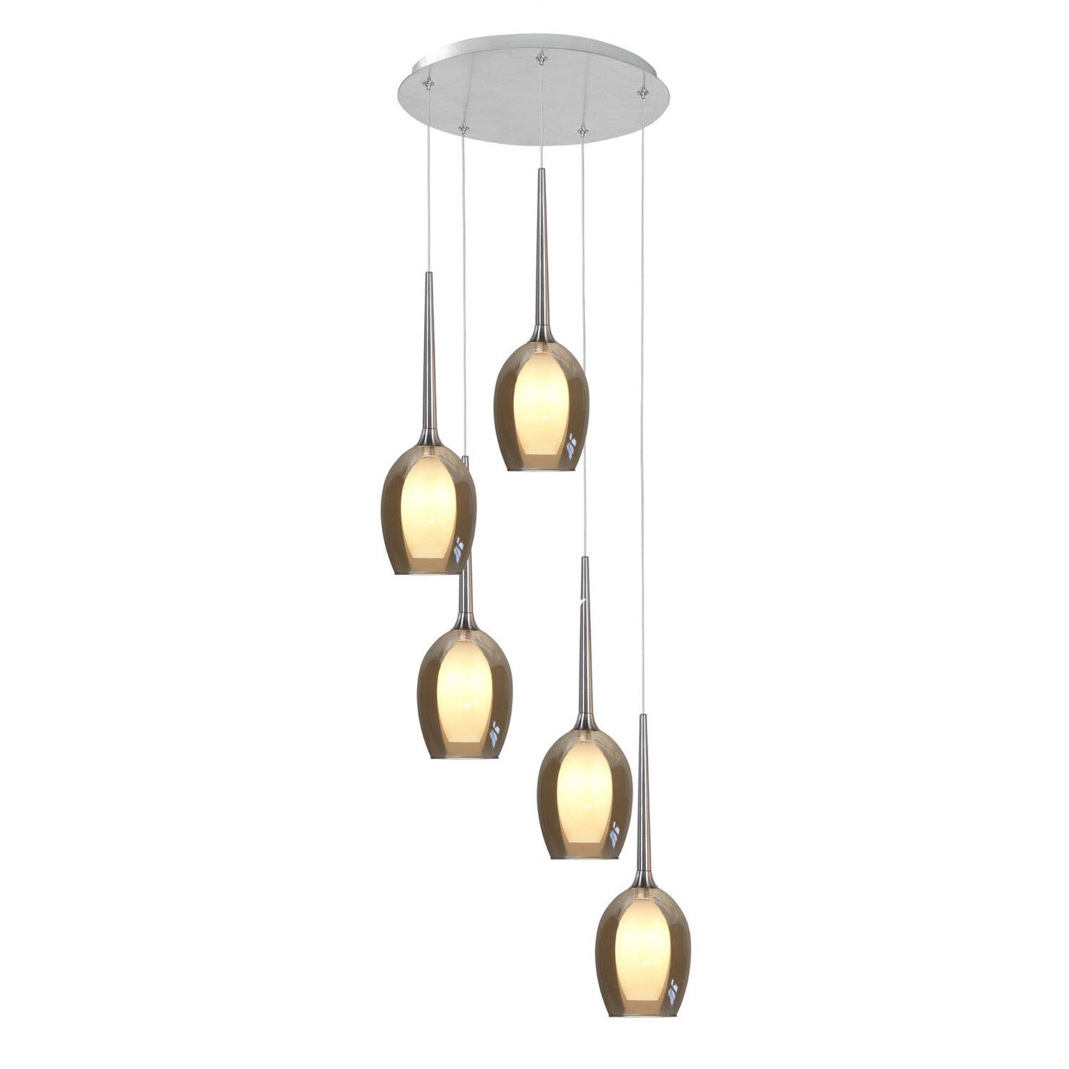 Hanglamp Belva staalkleur rond 5 lichts amber glas