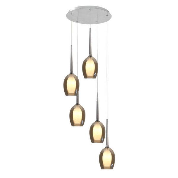 Hanglamp Belva staalkleur rond 5 lichts amber glas